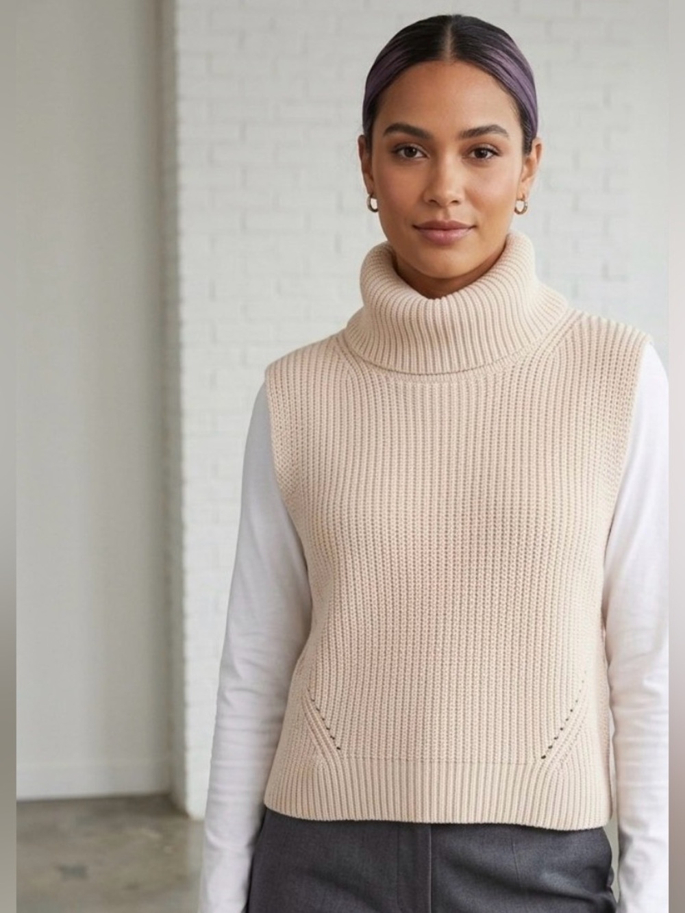 French Connection Soft Cream Ribbed Sleeveless Turtleneck Sweater